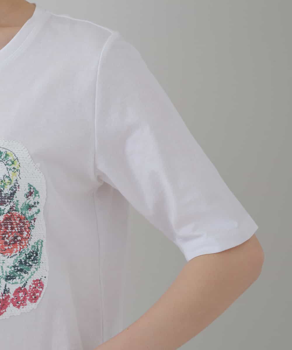 RSKGU14290 TRUNK HIROKO KOSHINO(ヒロココシノ) 【洗濯機で洗える/日本製】フルーツ柄スパンコールギミックTシャツ ホワイト