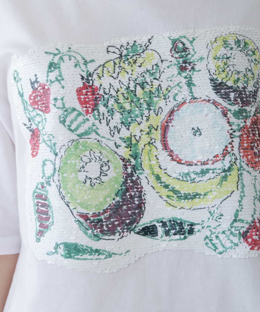 RSKGU14290 TRUNK HIROKO KOSHINO(ヒロココシノ) 【洗濯機で洗える/日本製】フルーツ柄スパンコールギミックTシャツ ホワイト