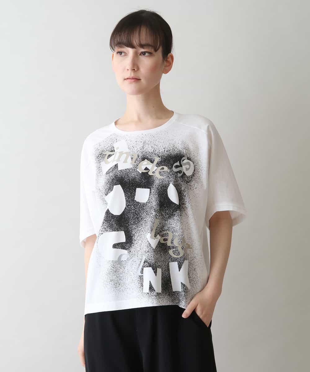 RSKGW15270 TRUNK HIROKO KOSHINO(ヒロココシノ) スプレーロゴプリントTシャツ/日本製/洗える ホワイト