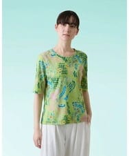 RSKHE09330 TRUNK HIROKO KOSHINO(ヒロココシノ) ルーム総柄プリント五分袖カットソー/洗える グリーン