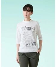 RSKHE17270 TRUNK HIROKO KOSHINO(ヒロココシノ) ルーム柄モノトーンプリント五分袖カットソー/日本製/洗える ホワイト