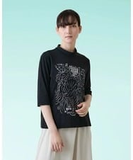 RSKHE17270 TRUNK HIROKO KOSHINO(ヒロココシノ) ルーム柄モノトーンプリント五分袖カットソー/日本製/洗える ブラック