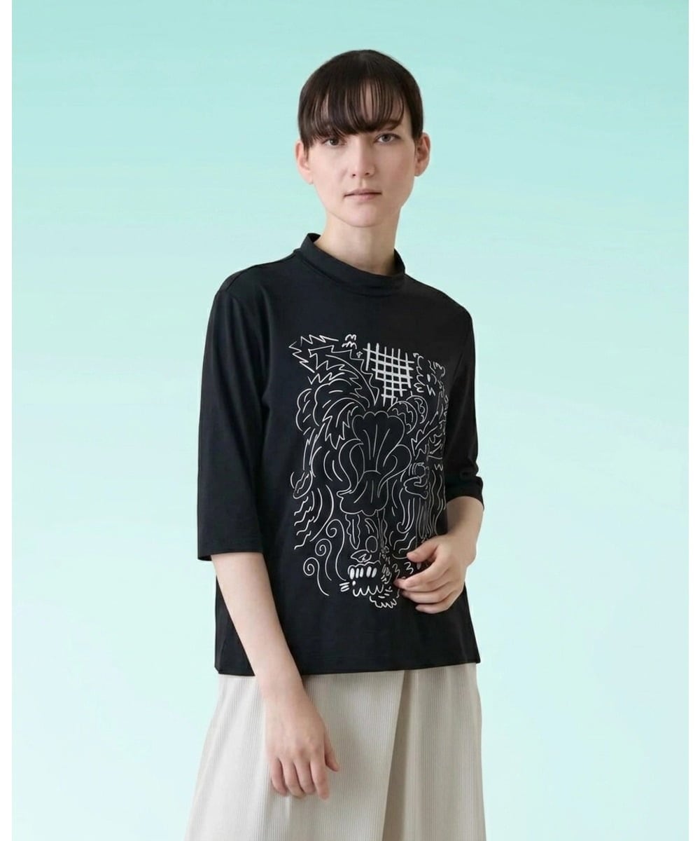 RSKHE17270 TRUNK HIROKO KOSHINO(ヒロココシノ) ルーム柄モノトーンプリント五分袖カットソー/日本製/洗える ブラック