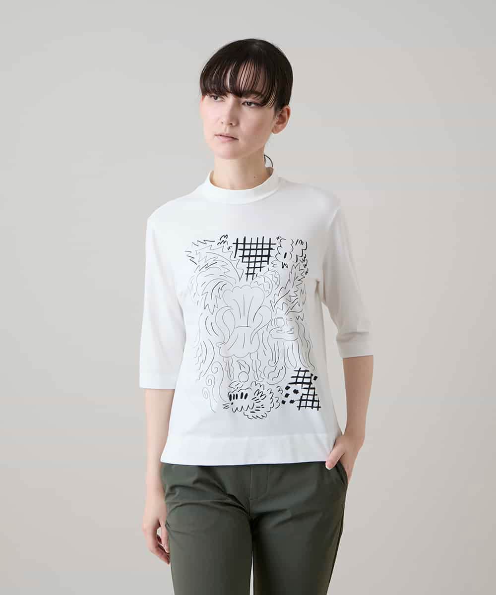 RSKHE17270 TRUNK HIROKO KOSHINO(ヒロココシノ) ルーム柄モノトーンプリント五分袖カットソー/日本製/洗える ホワイト