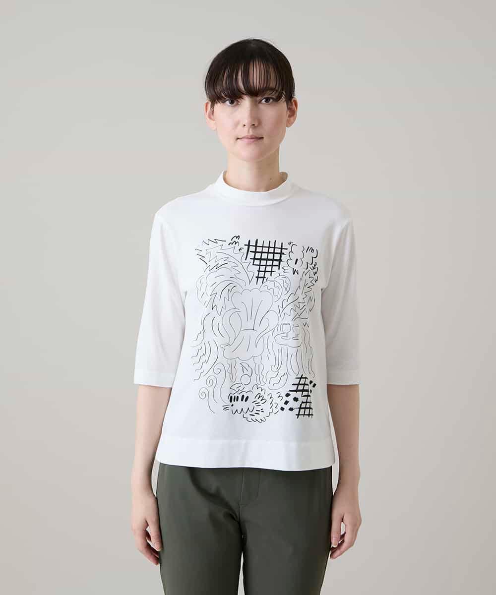 RSKHE17270 TRUNK HIROKO KOSHINO(ヒロココシノ) ルーム柄モノトーンプリント五分袖カットソー/日本製/洗える ホワイト
