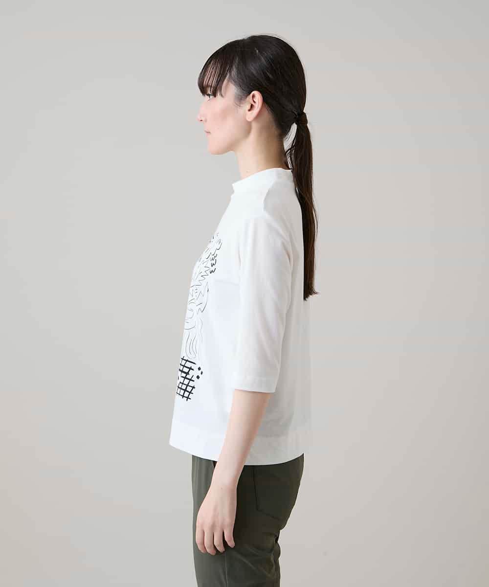 RSKHE17270 TRUNK HIROKO KOSHINO(ヒロココシノ) ルーム柄モノトーンプリント五分袖カットソー/日本製/洗える ホワイト