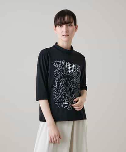RSKHE17270 TRUNK HIROKO KOSHINO ルーム柄モノトーンプリント五分袖カットソー/日本製/洗える