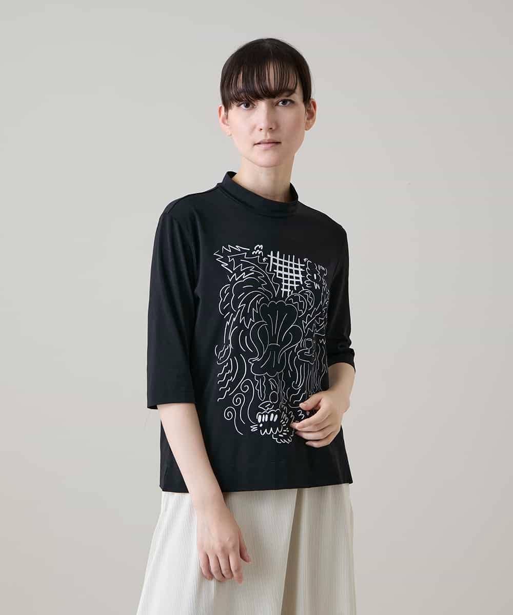 RSKHE17270 TRUNK HIROKO KOSHINO(ヒロココシノ) ルーム柄モノトーンプリント五分袖カットソー/日本製/洗える ブラック