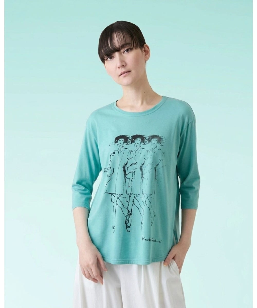 RSKHE21290 TRUNK HIROKO KOSHINO(ヒロココシノ) ぼかしデッサン七分袖カットソー/日本製/洗える ライトブルー