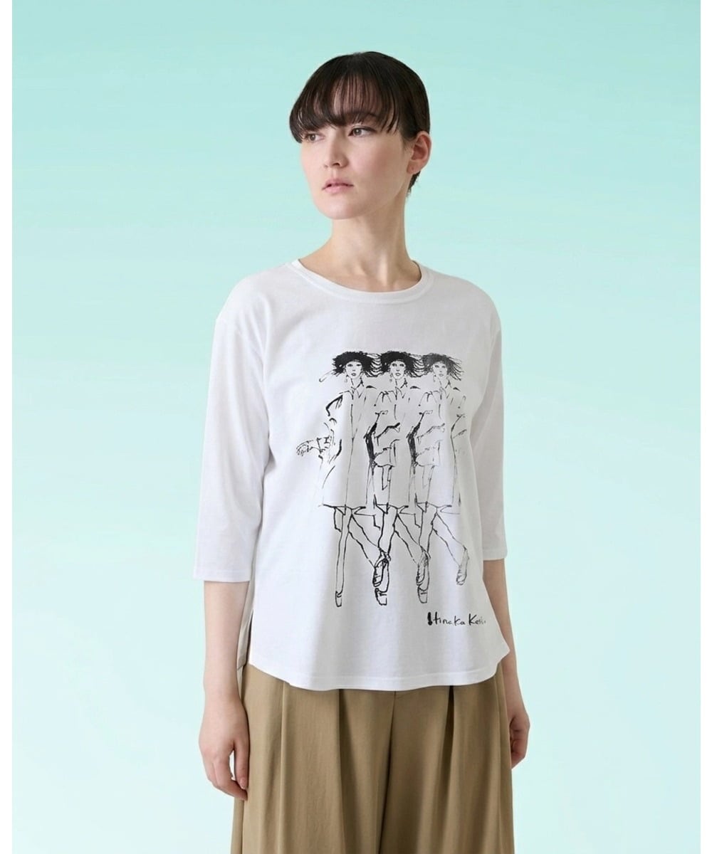 RSKHE21290 TRUNK HIROKO KOSHINO(ヒロココシノ) ぼかしデッサン七分袖カットソー/日本製/洗える ホワイト