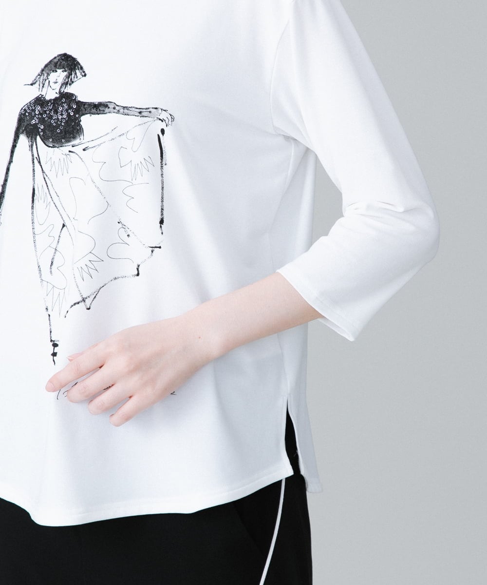 RSKHW15260 TRUNK HIROKO KOSHINO(ヒロココシノ) イラストスパンコールオリジナルTシャツ/日本製/洗える ホワイト