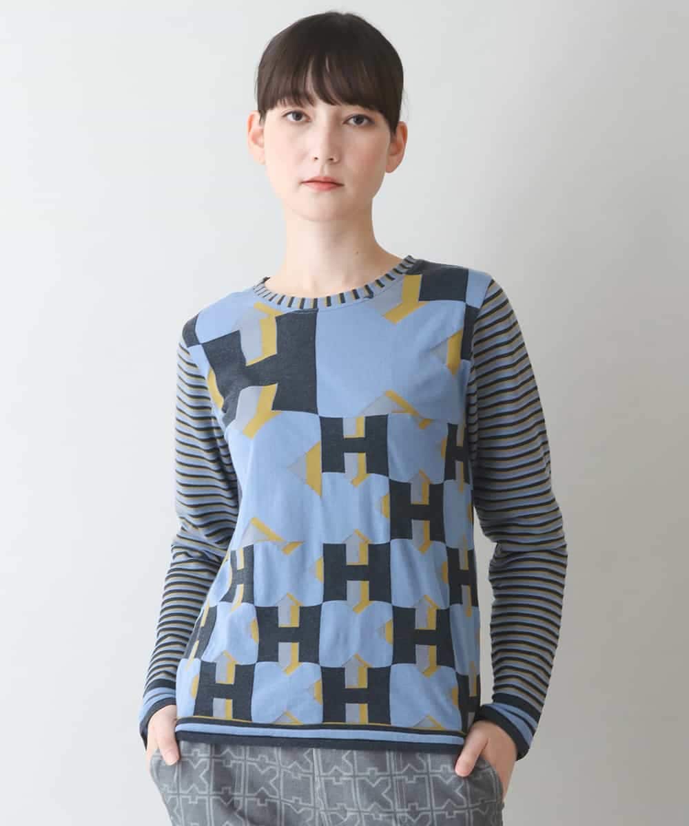 RSKJT37320 TRUNK HIROKO KOSHINO(ヒロココシノ) 【洗える/日本製】HKロゴボーダーデザインTシャツ ライトブルー
