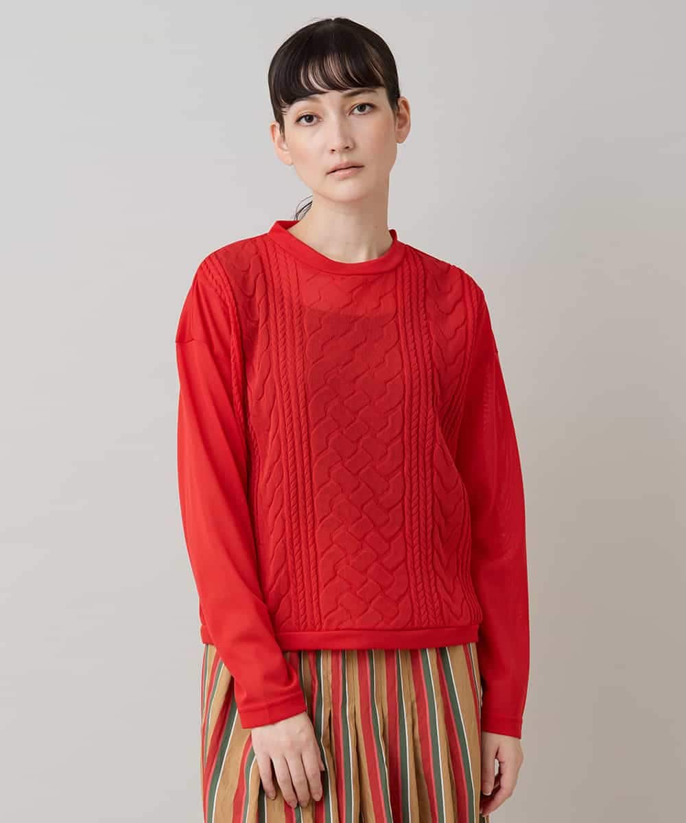 RSKLB19390 TRUNK HIROKO KOSHINO(ヒロココシノ) ケーブル編柄エンボスデザインプルオーバー/洗える レッド