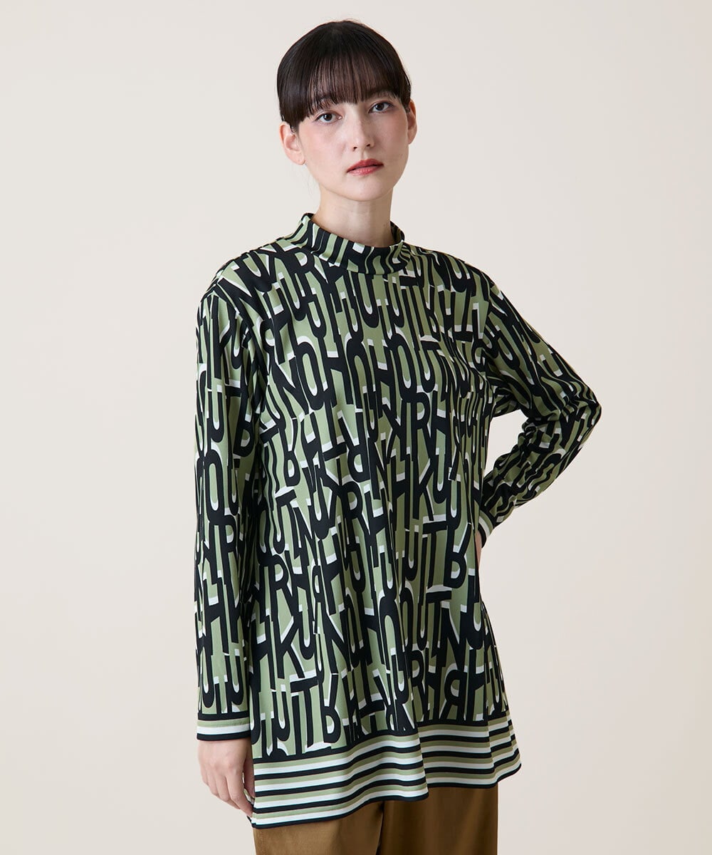 RSKLF18390 TRUNK HIROKO KOSHINO(ヒロココシノ) ロゴ総柄プリントチュニックカットソー/日本製/洗える グリーン