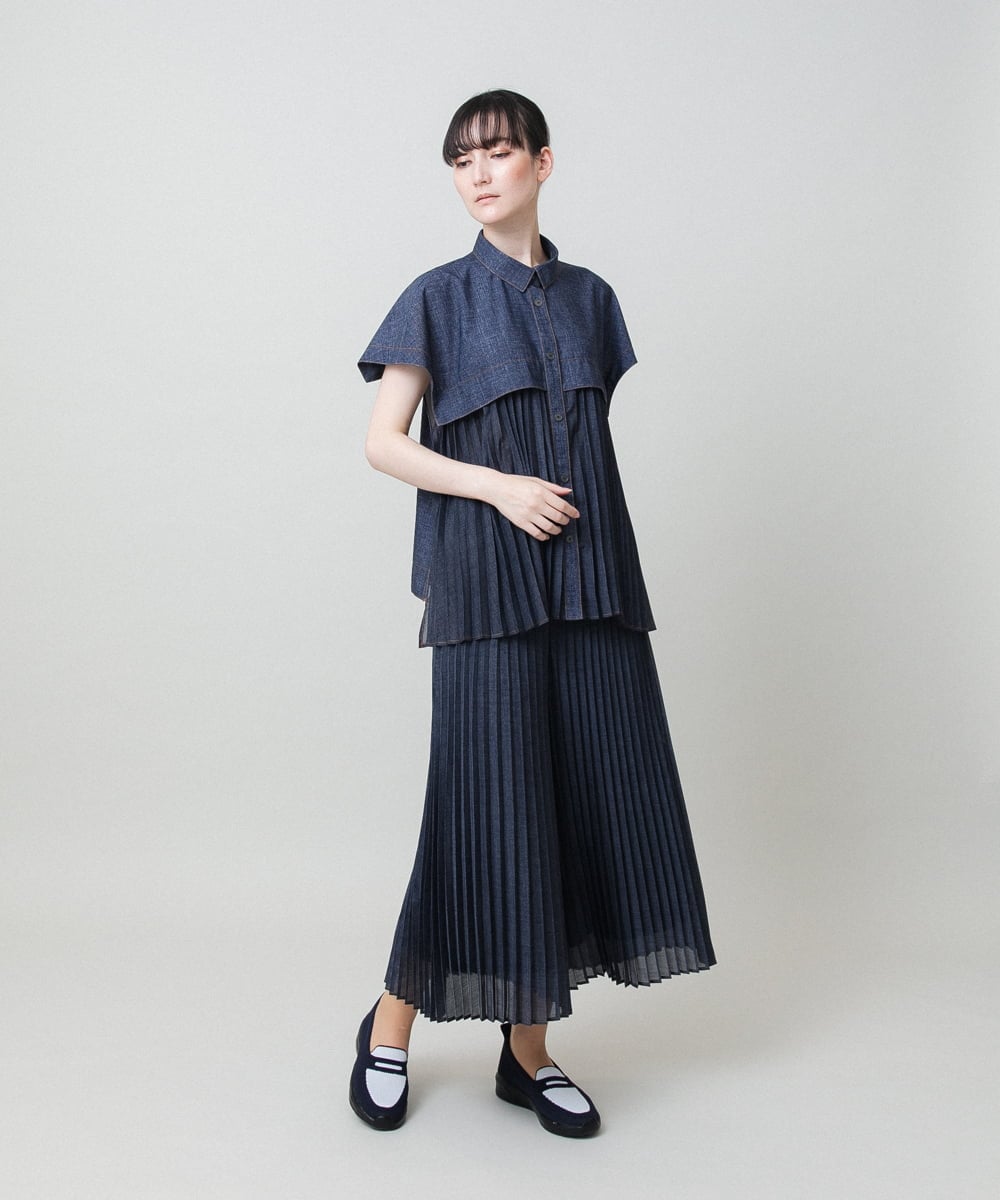 RSLHE07530 TRUNK HIROKO KOSHINO(ヒロココシノ) 異素材ジョイントプリーツデニムパンツ/洗える ブルー