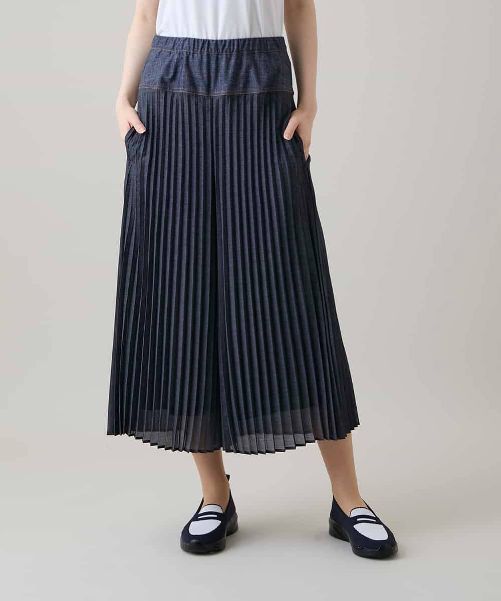 RSLHE07530 TRUNK HIROKO KOSHINO(ヒロココシノ) 異素材ジョイントプリーツデニムパンツ/洗える ブルー