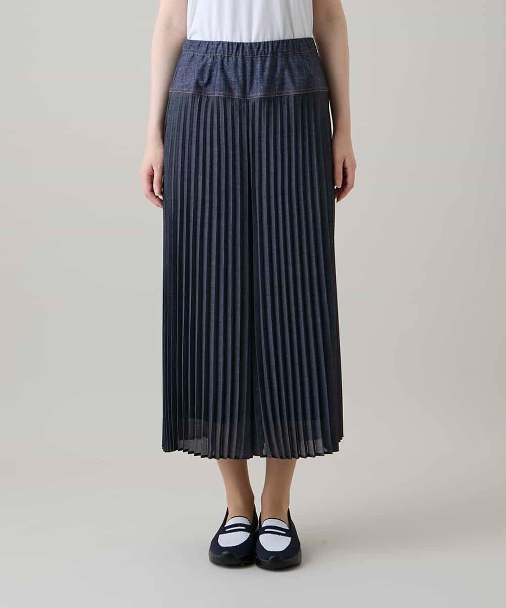 RSLHE07530 TRUNK HIROKO KOSHINO(ヒロココシノ) 異素材ジョイントプリーツデニムパンツ/洗える ブルー