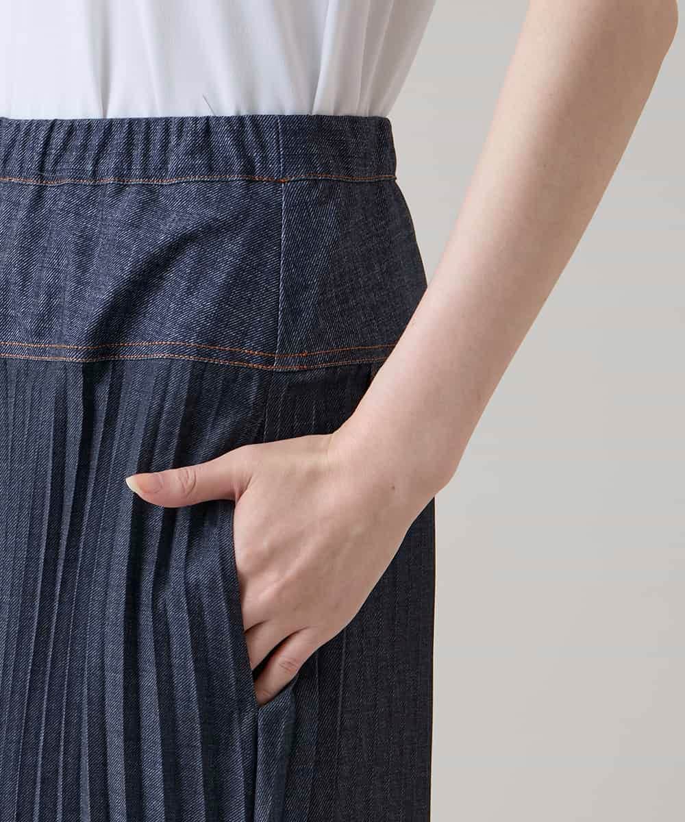 RSLHE07530 TRUNK HIROKO KOSHINO(ヒロココシノ) 異素材ジョイントプリーツデニムパンツ/洗える ブルー