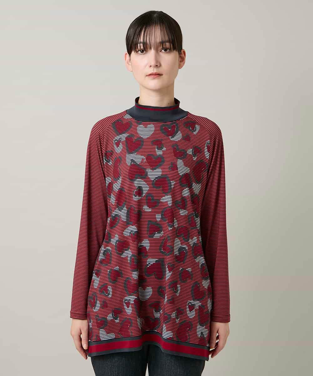 RSPCD04470 TRUNK HIROKO KOSHINO(ヒロココシノ) ハートアニマル柄ボーダーデザインチュニック /洗える レッド