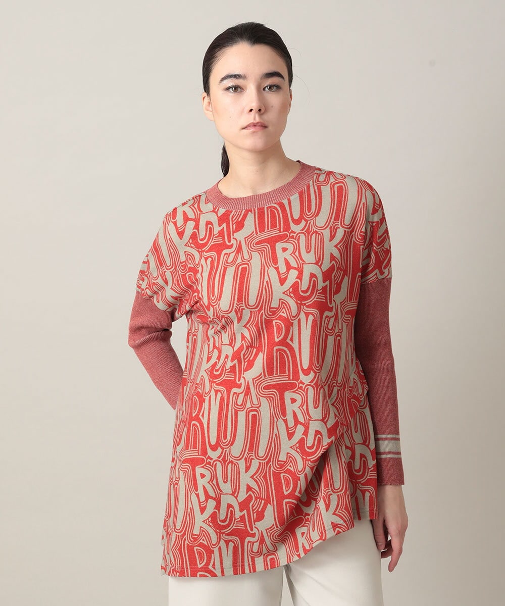 RSPED05490 TRUNK HIROKO KOSHINO(ヒロココシノ) ロゴプリントジョイントリブチュニック /日本製/洗える レッド