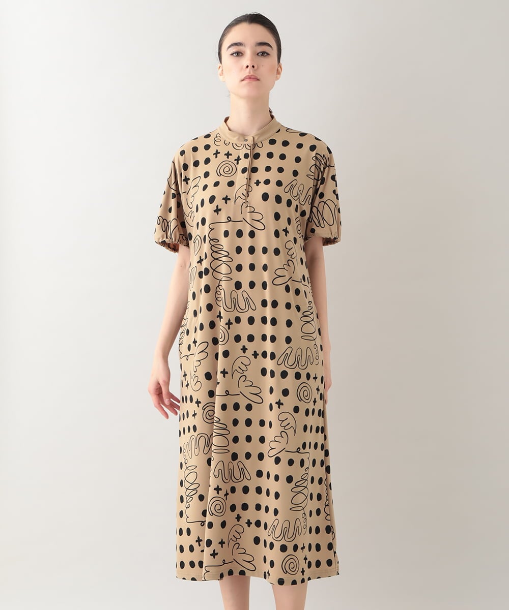 RSPHB19590 TRUNK HIROKO KOSHINO(ヒロココシノ) 【ベージュ：WEB/京王百貨店新宿店限定カラー】幾何ドット柄プリントワンピース/日本製/洗濯機で洗える ブラック