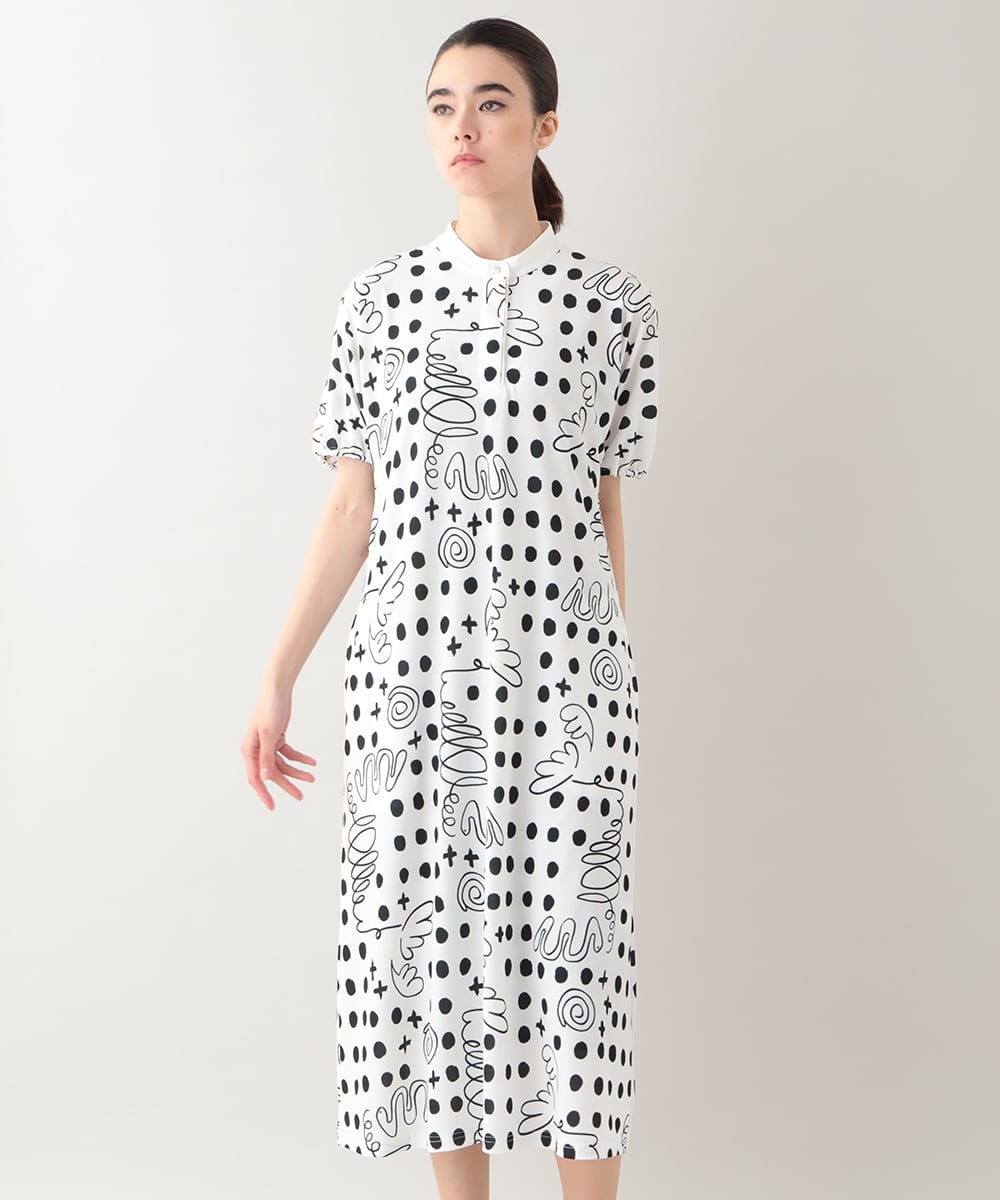 RSPHB19590 TRUNK HIROKO KOSHINO(ヒロココシノ) 【ベージュ：WEB/京王百貨店新宿店限定カラー】幾何ドット柄プリントワンピース/日本製/洗濯機で洗える ブラック