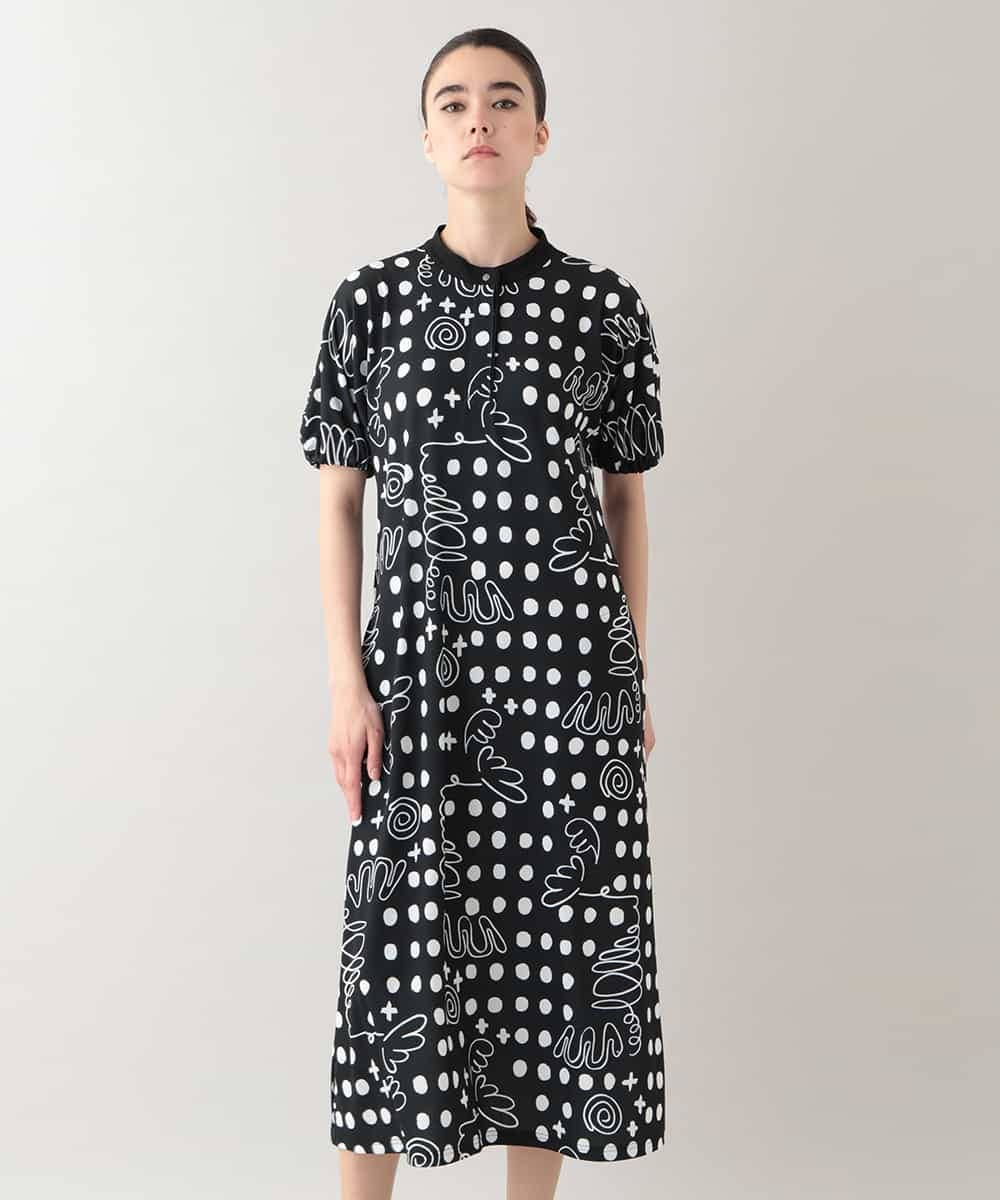 RSPHB19590 TRUNK HIROKO KOSHINO(ヒロココシノ) 【ベージュ：WEB/京王百貨店新宿店限定カラー】幾何ドット柄プリントワンピース/日本製/洗濯機で洗える ブラック