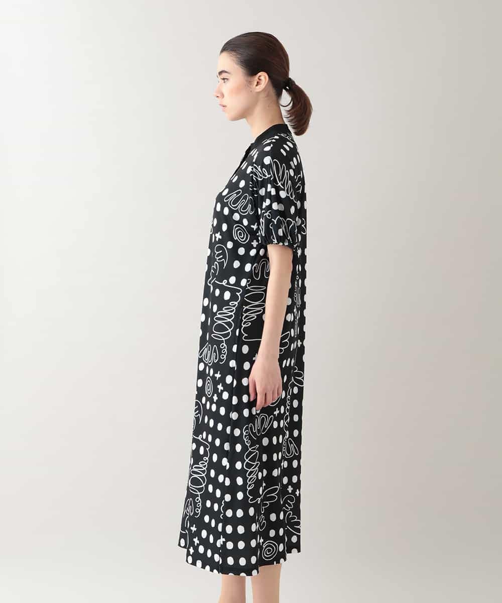 RSPHB19590 TRUNK HIROKO KOSHINO(ヒロココシノ) 【ベージュ：WEB/京王百貨店新宿店限定カラー】幾何ドット柄プリントワンピース/日本製/洗濯機で洗える ブラック