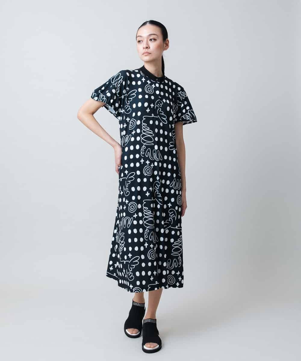 RSPHB19590 TRUNK HIROKO KOSHINO(ヒロココシノ) 幾何ドット柄プリントワンピース/日本製/洗濯機で洗える ブラック