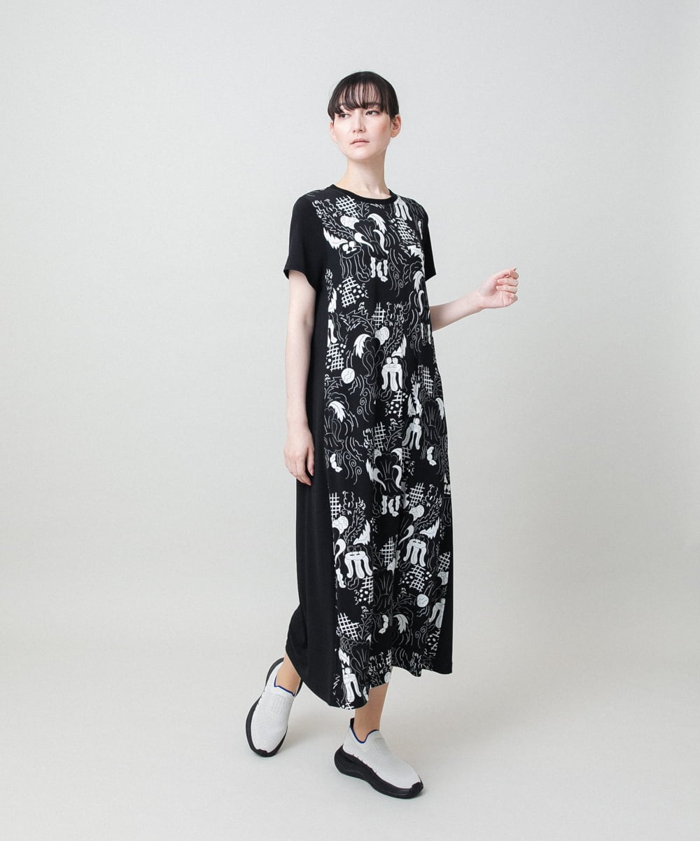 RSPHE18630 TRUNK HIROKO KOSHINO(ヒロココシノ) ルーム柄プリントブロッキングワンピース/日本製/洗える ブラック