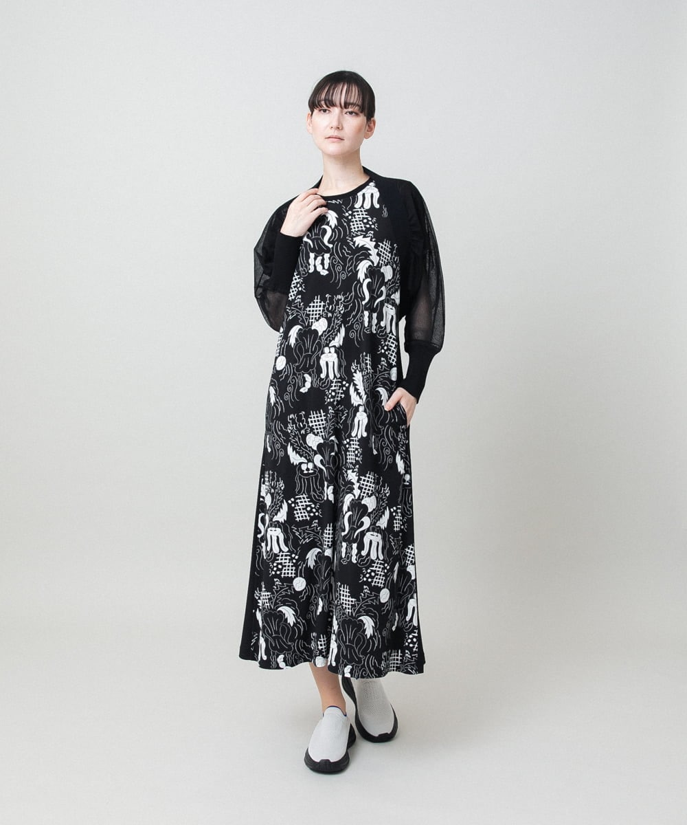 RSPHE18630 TRUNK HIROKO KOSHINO(ヒロココシノ) ルーム柄プリントブロッキングワンピース/日本製/洗える ブラック