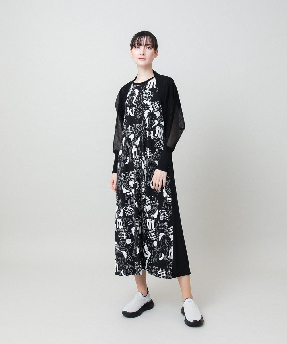 RSPHE18630 TRUNK HIROKO KOSHINO(ヒロココシノ) ルーム柄プリントブロッキングワンピース/日本製/洗える ブラック