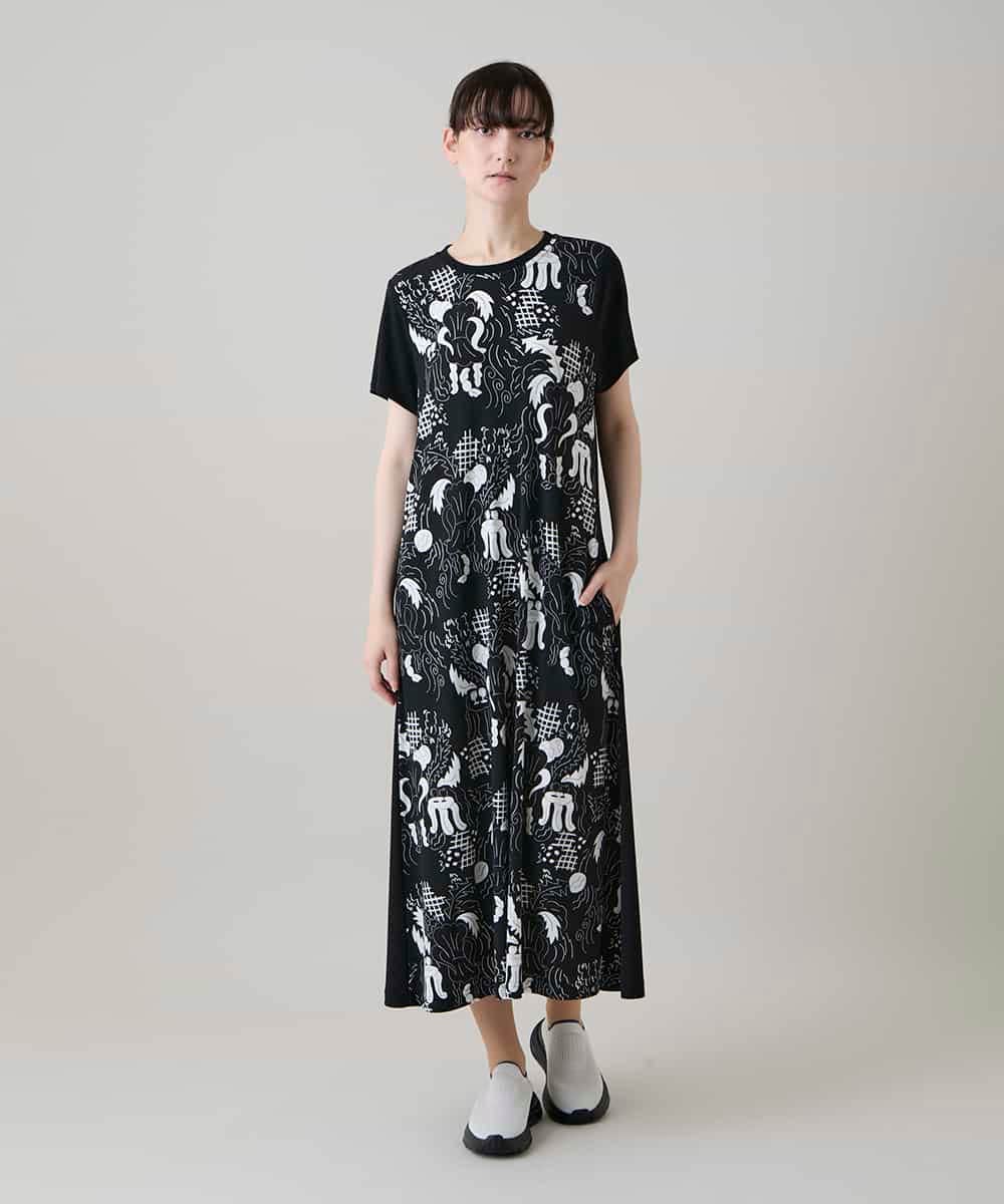 RSPHE18630 TRUNK HIROKO KOSHINO(ヒロココシノ) ルーム柄プリントブロッキングワンピース/日本製/洗える ブラック