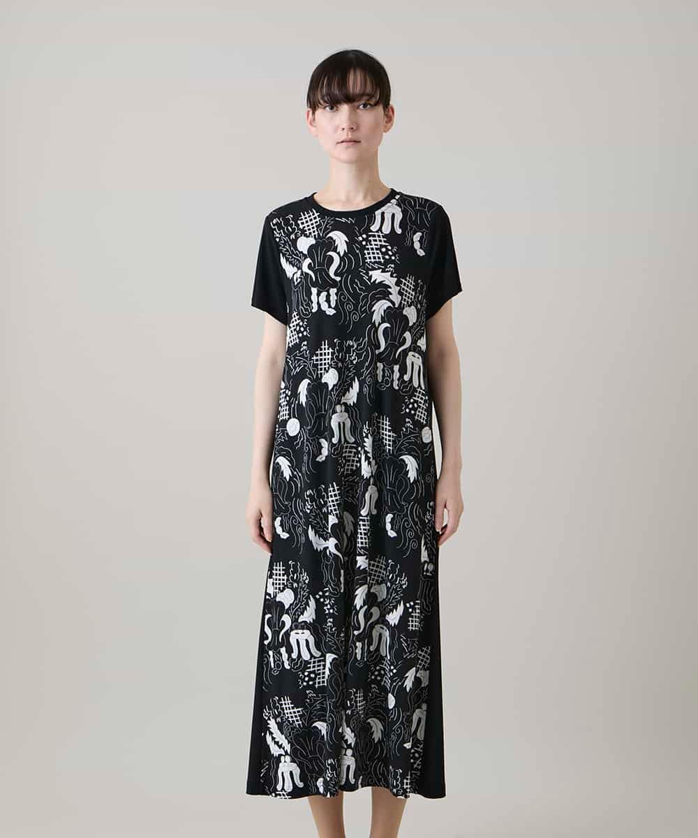 RSPHE18630 TRUNK HIROKO KOSHINO(ヒロココシノ) ルーム柄プリントブロッキングワンピース/日本製/洗える ブラック