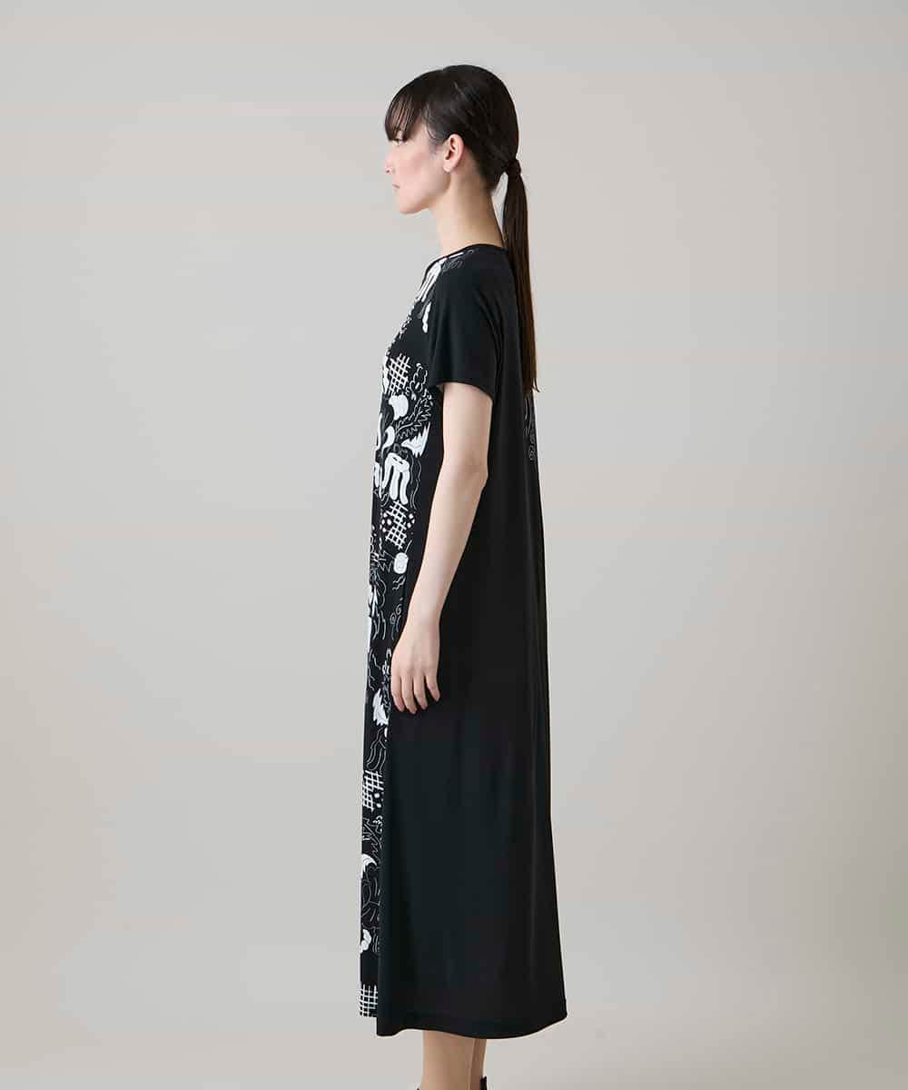RSPHE18630 TRUNK HIROKO KOSHINO(ヒロココシノ) ルーム柄プリントブロッキングワンピース/日本製/洗える ブラック