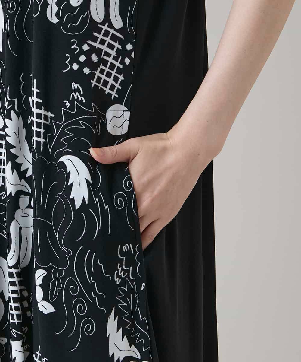 RSPHE18630 TRUNK HIROKO KOSHINO(ヒロココシノ) ルーム柄プリントブロッキングワンピース/日本製/洗える ブラック