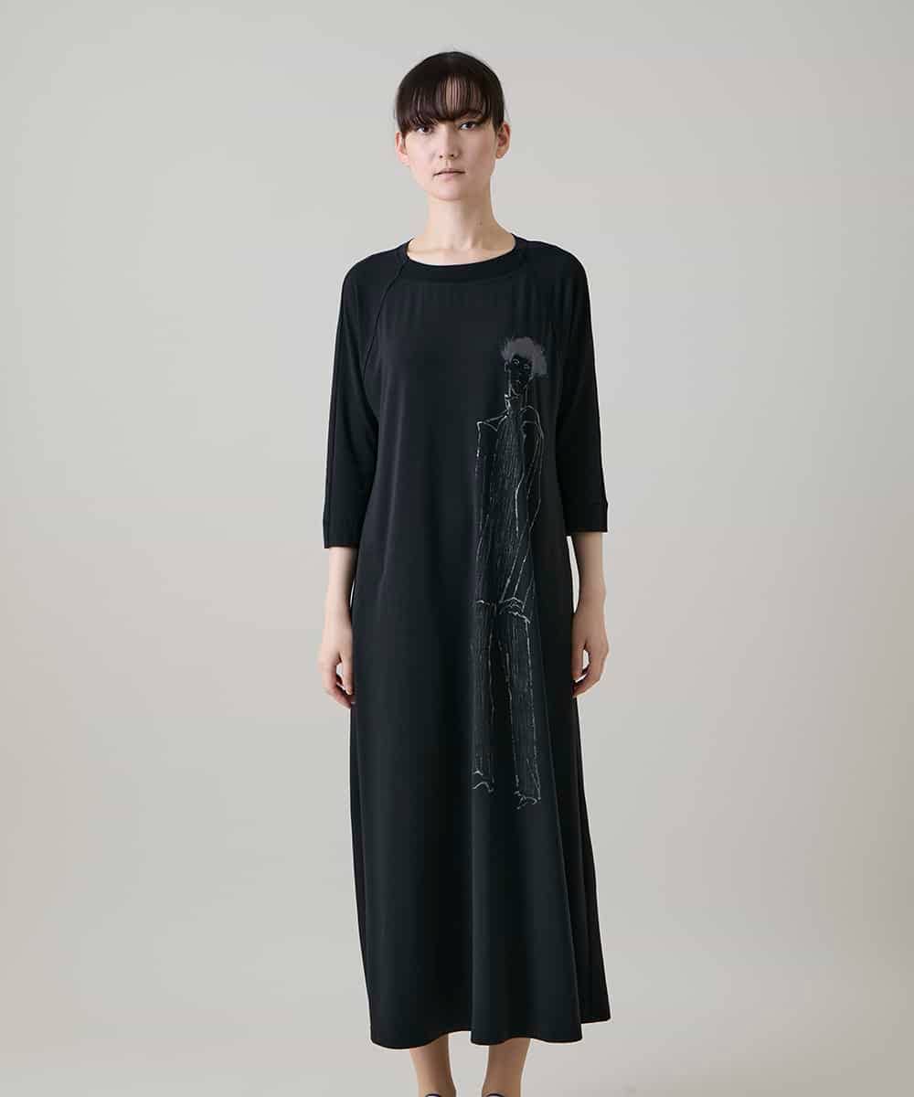 RSPHE23490 TRUNK HIROKO KOSHINO(ヒロココシノ) アートイラストグリッタープリントワンピース/日本製/洗える ブラック