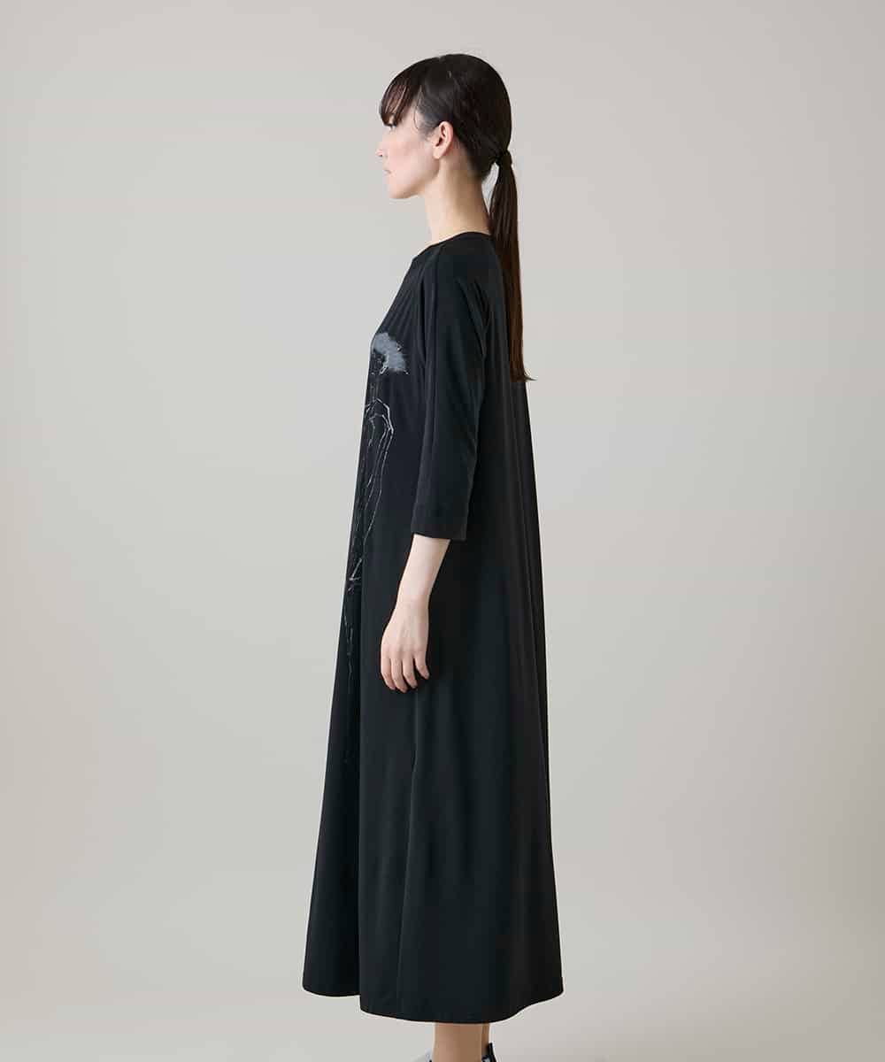 RSPHE23490 TRUNK HIROKO KOSHINO(ヒロココシノ) アートイラストグリッタープリントワンピース/日本製/洗える ブラック
