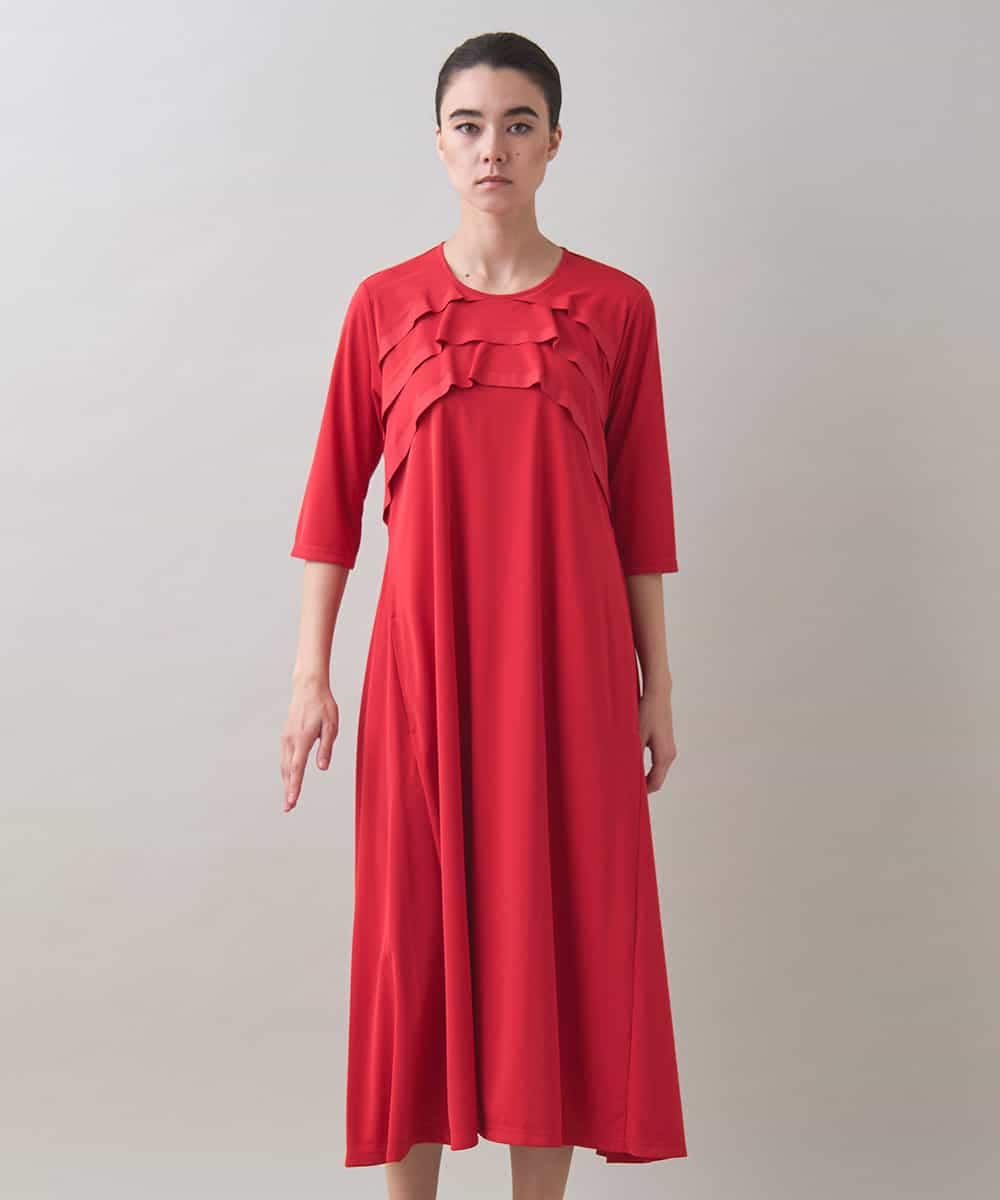 RSPJB12690 TRUNK HIROKO KOSHINO(ヒロココシノ) ジョイントテープラッフルデザインワンピース /洗える レッド