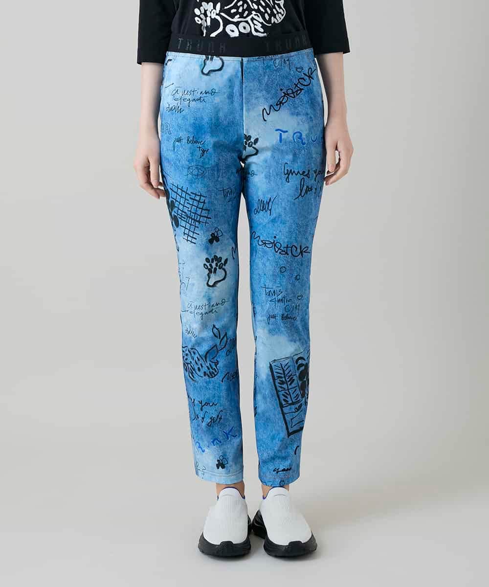 RSQGD06360 TRUNK HIROKO KOSHINO(ヒロココシノ) デニム風アートプリントレギンスパンツ/日本製/洗える ライトブルー