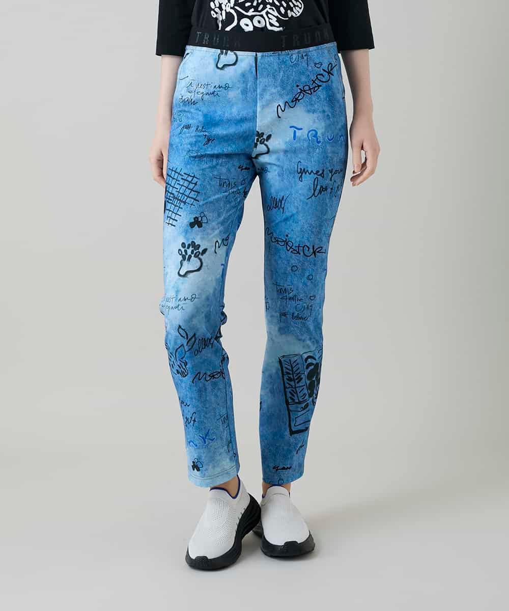 RSQGD06360 TRUNK HIROKO KOSHINO(ヒロココシノ) デニム風アートプリントレギンスパンツ/日本製/洗える ライトブルー