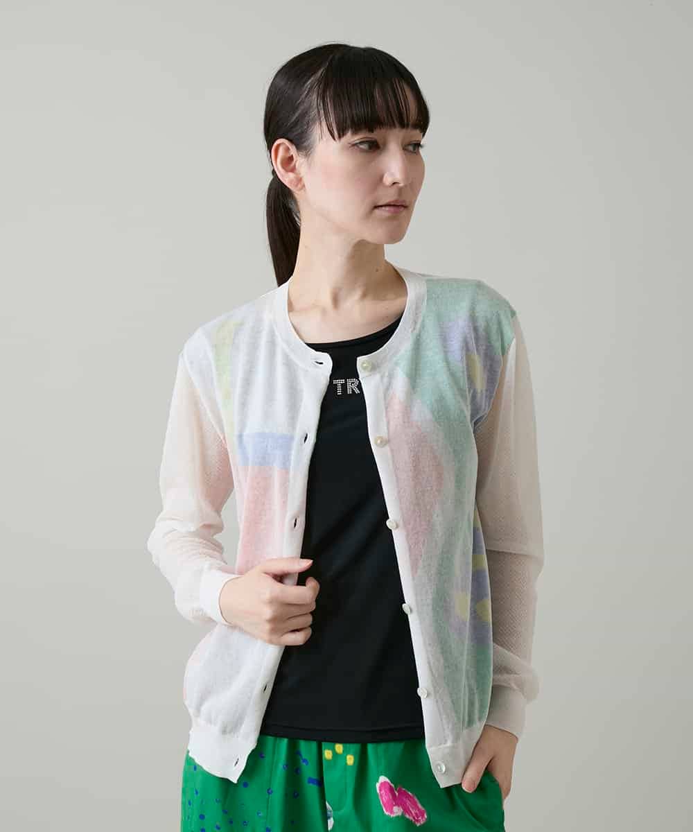 RSSGE08490 TRUNK HIROKO KOSHINO(ヒロココシノ) 幾何柄シアーカーディガン /洗える ホワイト