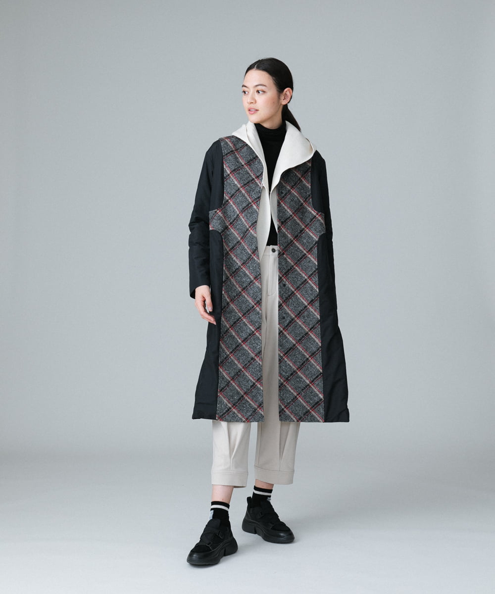 RSUAX30790 TRUNK HIROKO KOSHINO(ヒロココシノ) 【リバーシブル】ウールチェック異素材ドッキングロングコート ダークグレー