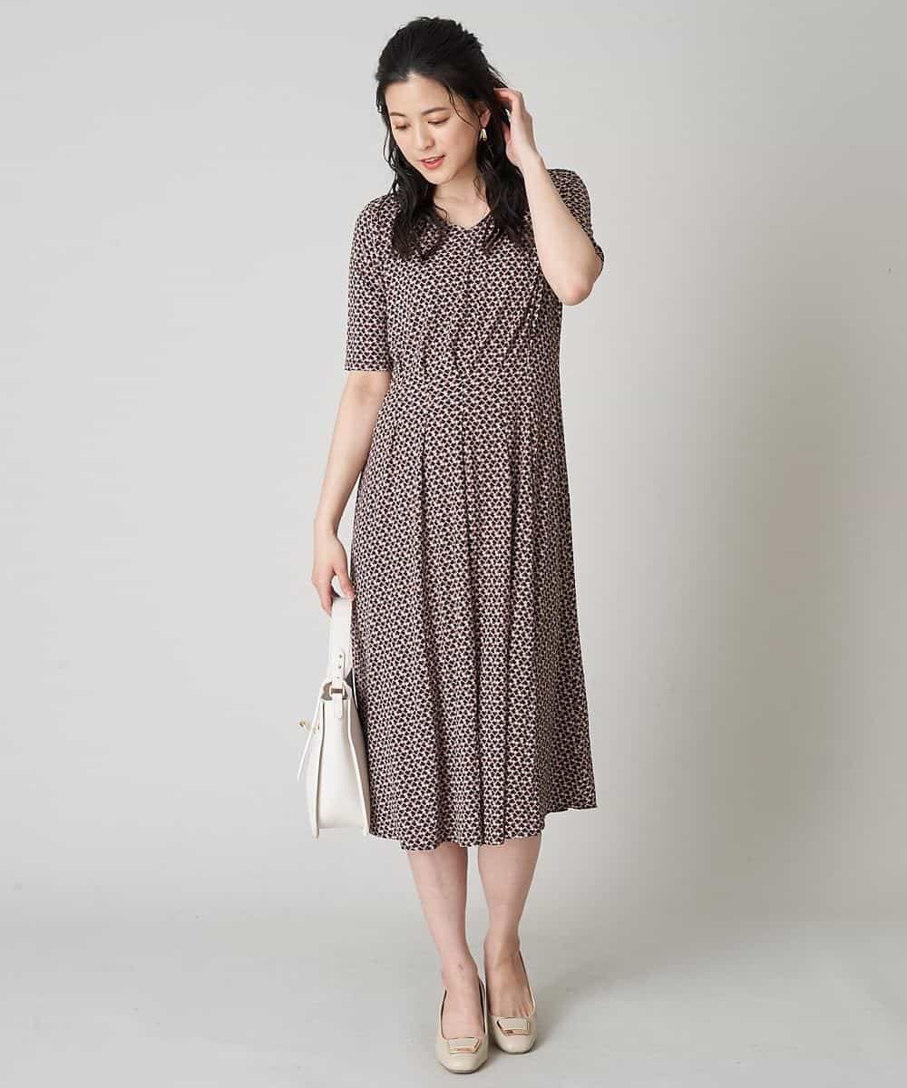 小さいサイズ 洗濯機で洗える プリントジャージーウエストタックワンピース ワンピース Ofuon 小さいサイズ メゾン ドゥ サンク イトキンオンラインストア