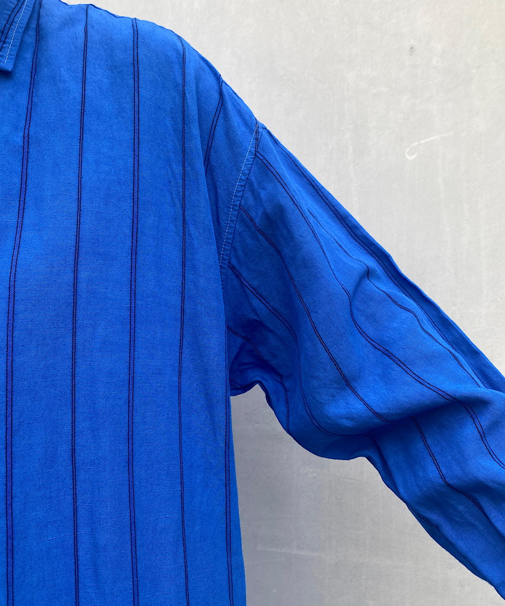 ブルー染めストライプロングシャツ　数量限定ダブルネームライン