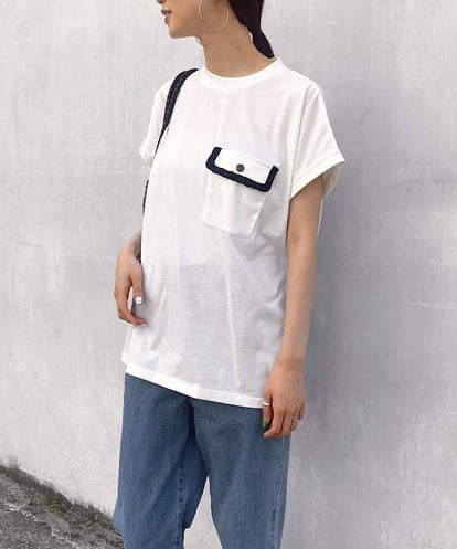 UCKGS32069 re:mine 異素材ツイードトリミングポケット　フレンチスリーブTシャツ