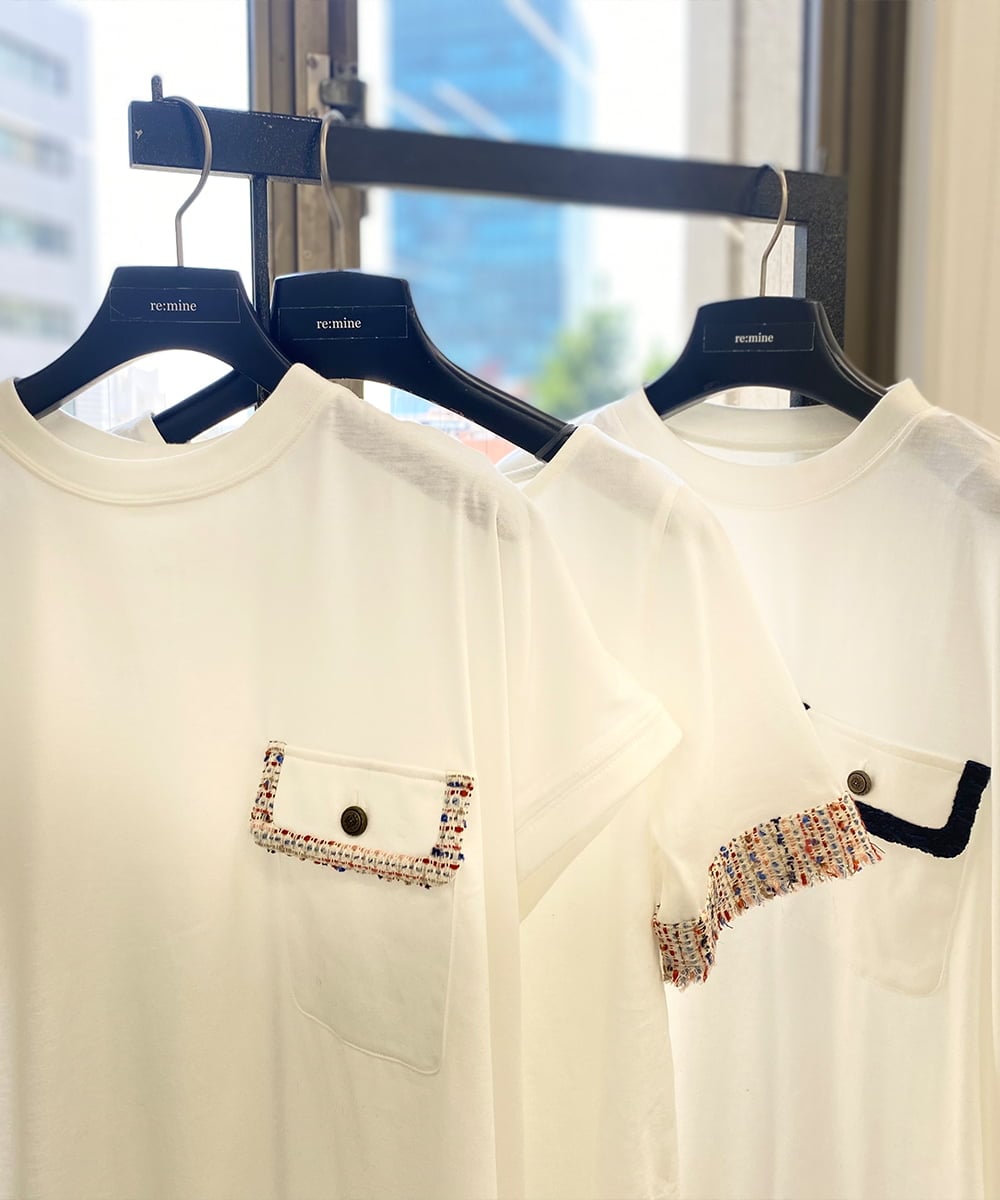 異素材ツイードトリミングポケット フレンチスリーブTシャツ