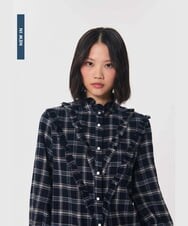 VZBAG14410 TARA JARMON(タラ ジャーモン) フリルチェックフランネルブラウス ミッドナイトブルー