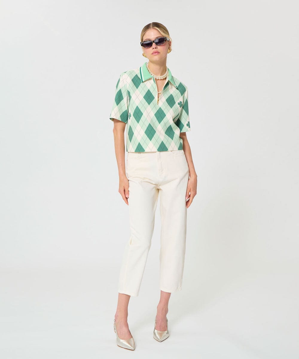 VZBGD16430 TARA JARMON(タラ ジャーモン) アーガイルクローバープリントブラウス グリーン