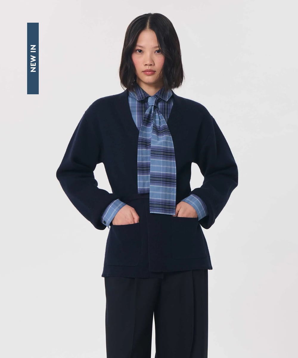 VZFAG15620 TARA JARMON(タラ ジャーモン) オーセンティックメリノベルテッドカーディガン ネイビーブルー